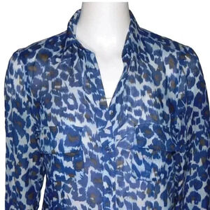 Gerard Darel Sheer Shirt Dress Size 38 US 6 Blue Leopard Print Tunic Cotton Silk